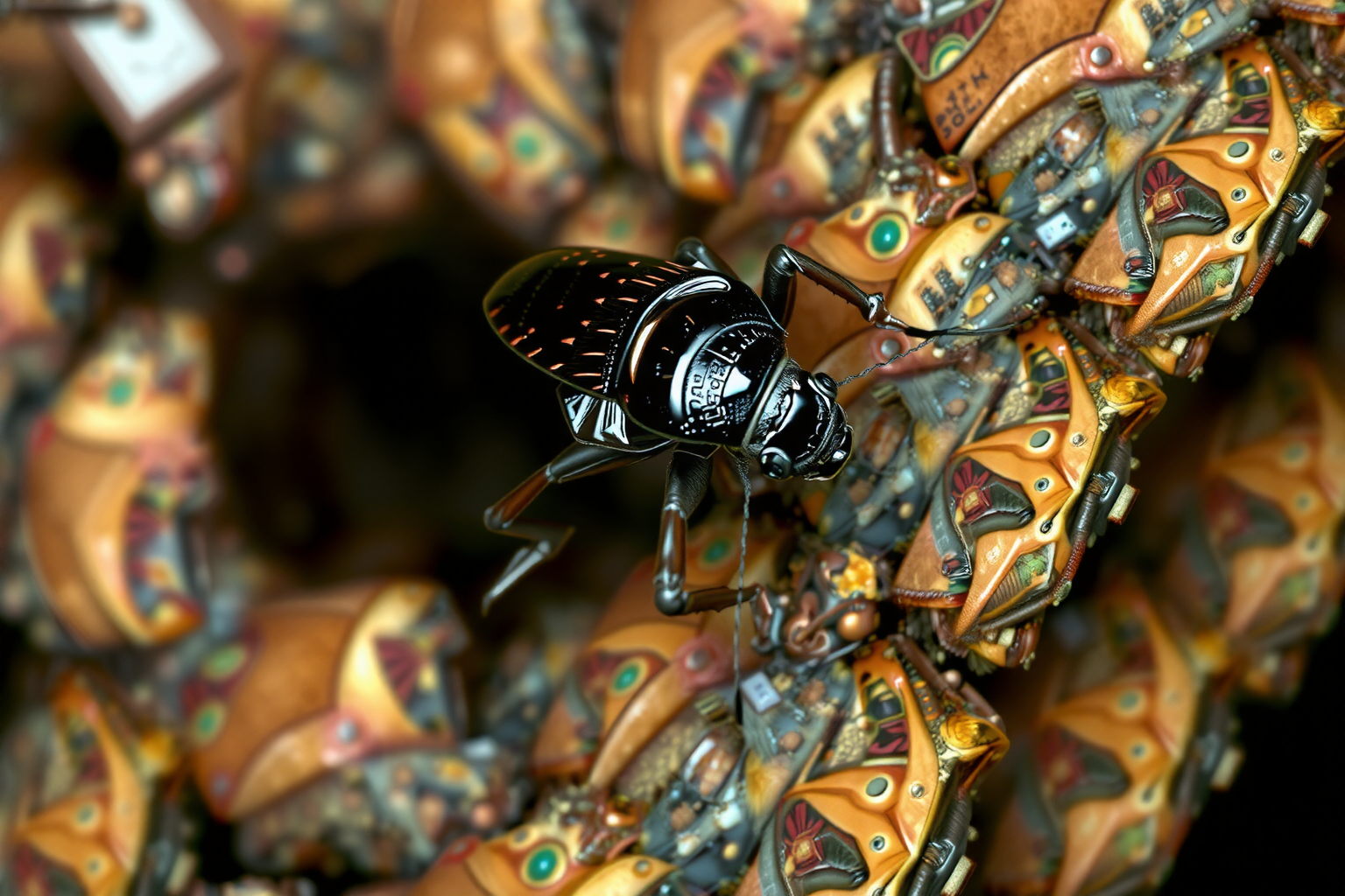 Cucaracha negra pequeña sobre el suelo de una cocina, con su cuerpo oscuro y patas visibles.