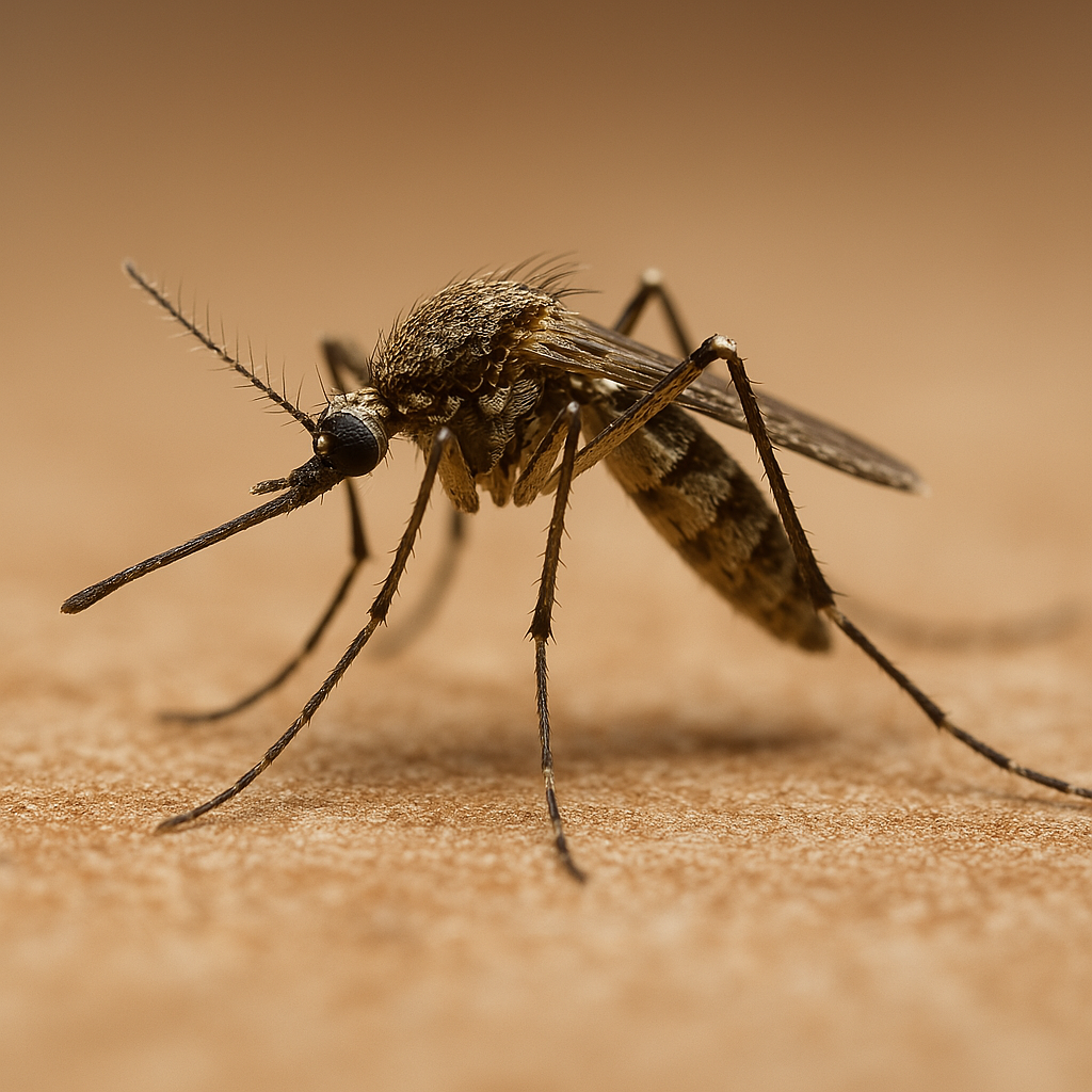 Mosquito sobre la piel humana en un entorno de jardín, imagen para blog sobre control de plagas
