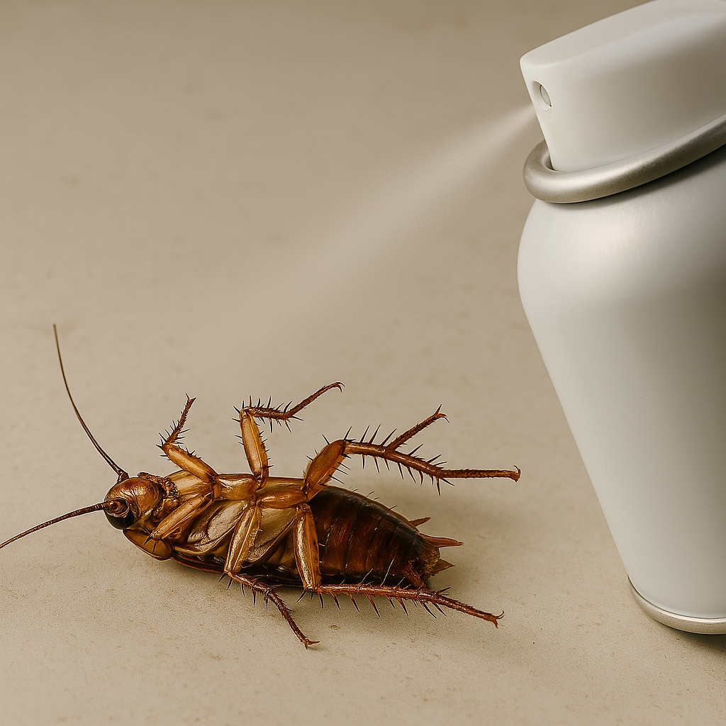 Spray matando una cucaracha plaga en casa