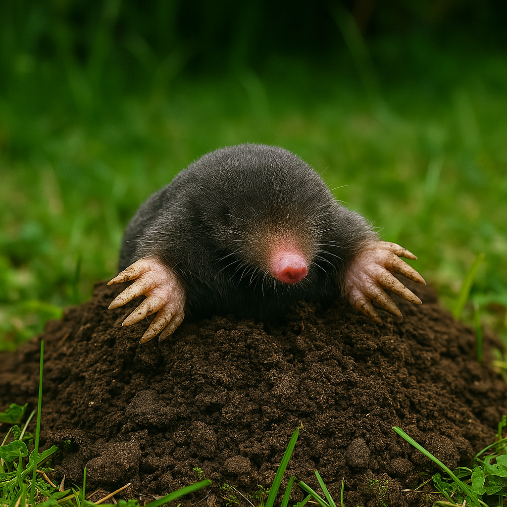 Topo adulto en un jardín húmedo con tierra removida alrededor