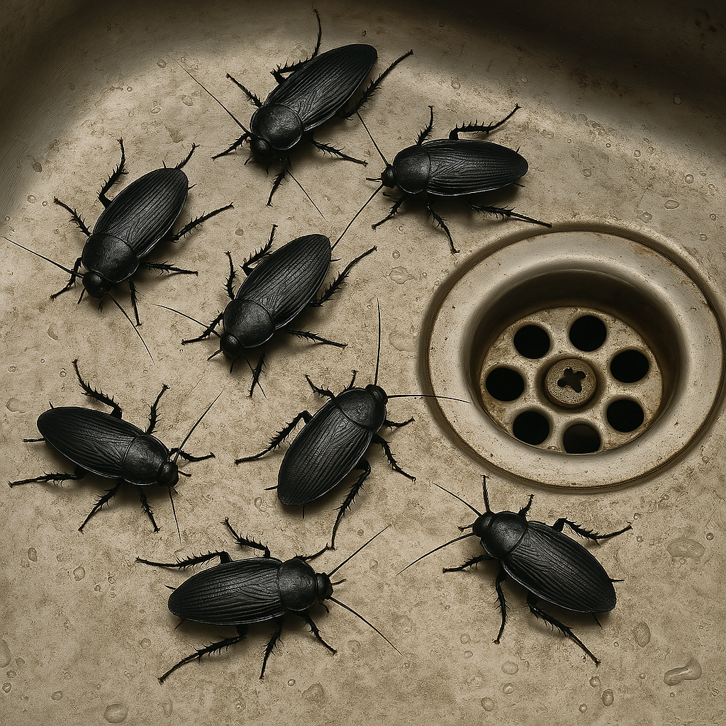 Cucarachas negras visibles dentro de un fregadero de cocina