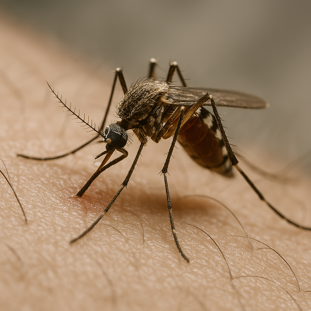 Mosquito posado sobre la piel humana listo para picar