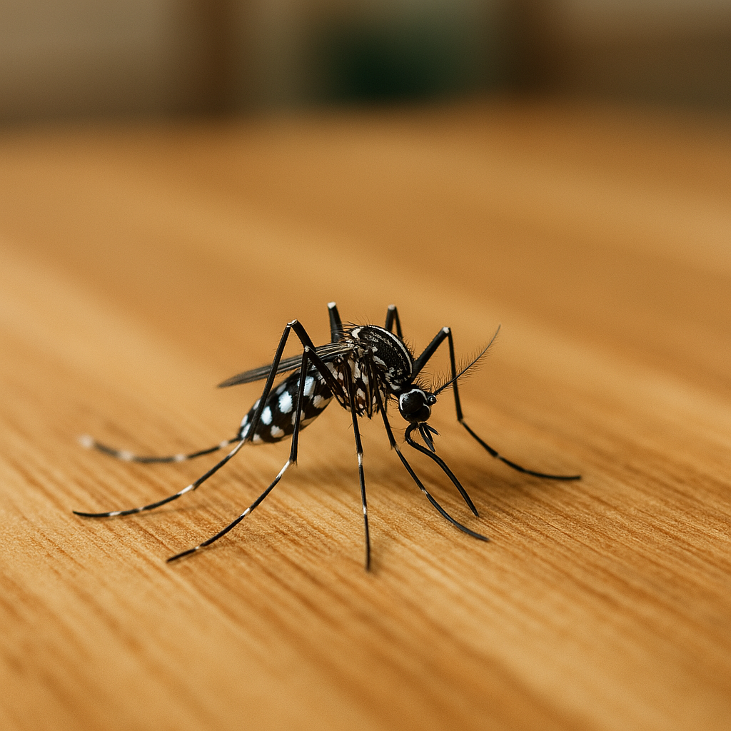 Mosquito tigre posado sobre una mesa de madera