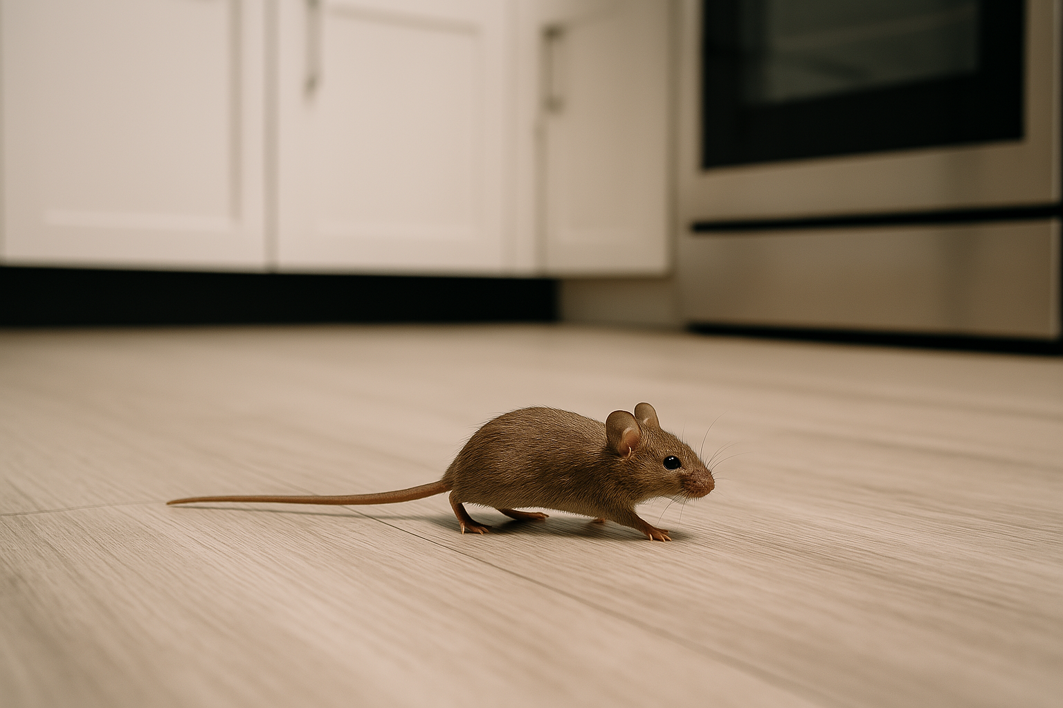 Ratón escondido en una cocina