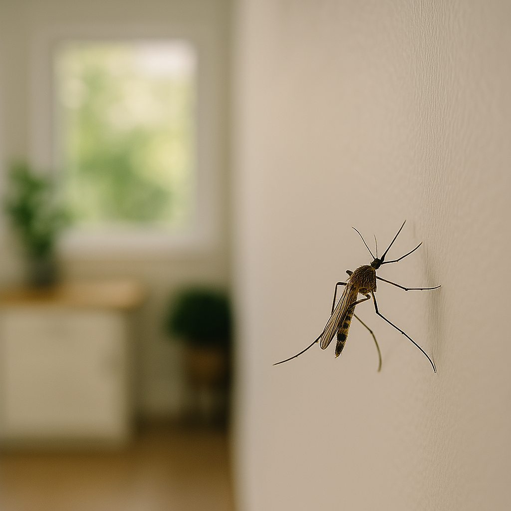 Mosquito posado en la pared de una casa