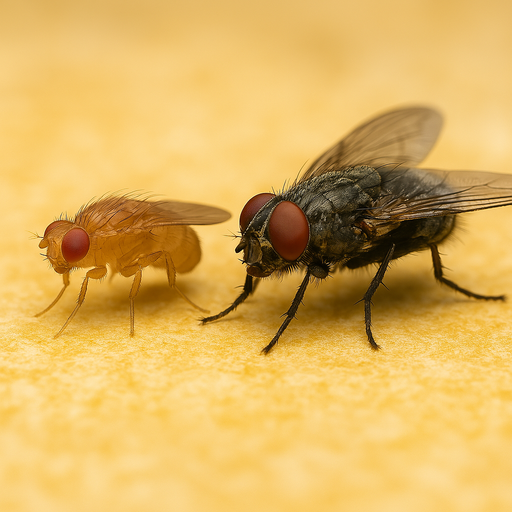 Mosca común y mosca de la fruta comparadas