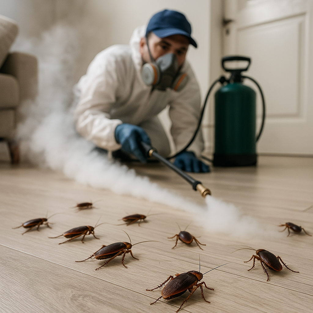 Hombre fumigando una cucaracha en casa con equipo de control de plagas