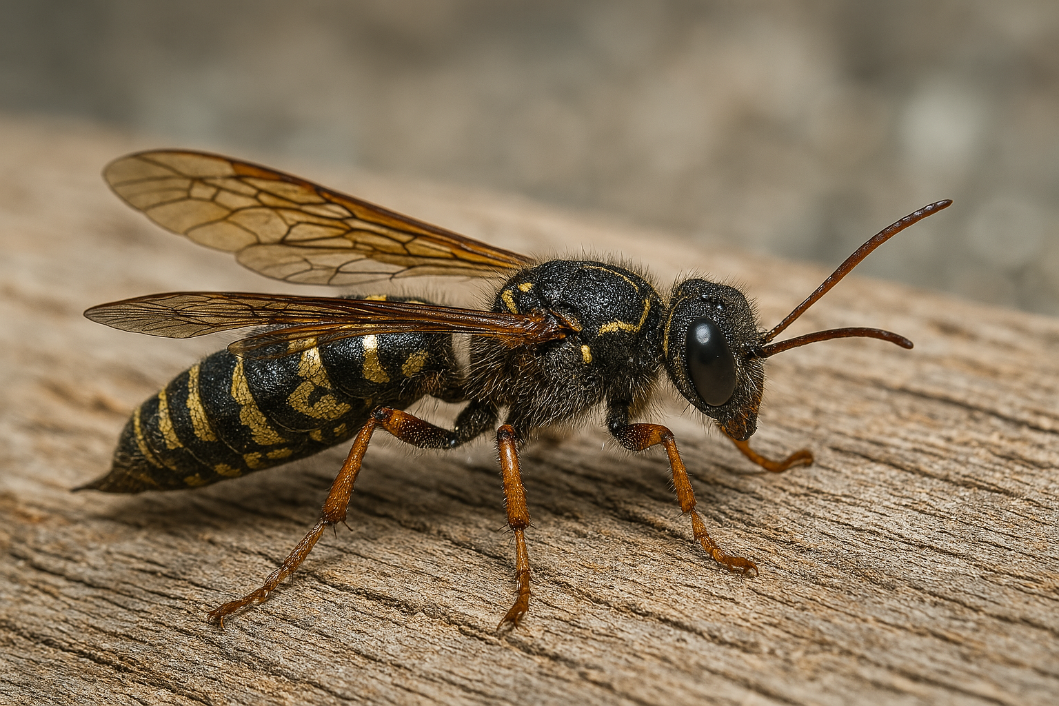 Avispa de la madera caminando sobre superficie de madera