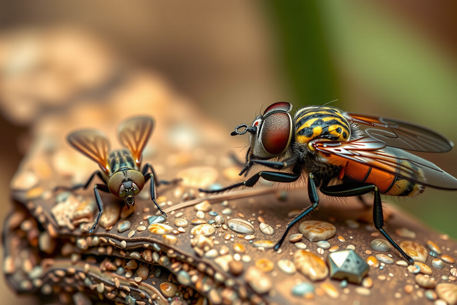 Dos moscas posadas sobre una superficie, mostrando detalles de sus alas, ojos compuestos y patas.