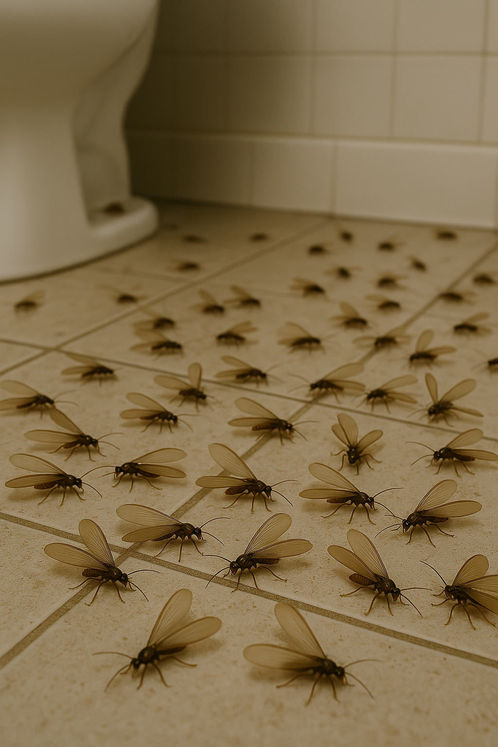 Termita con alas sobre un azulejo de baño