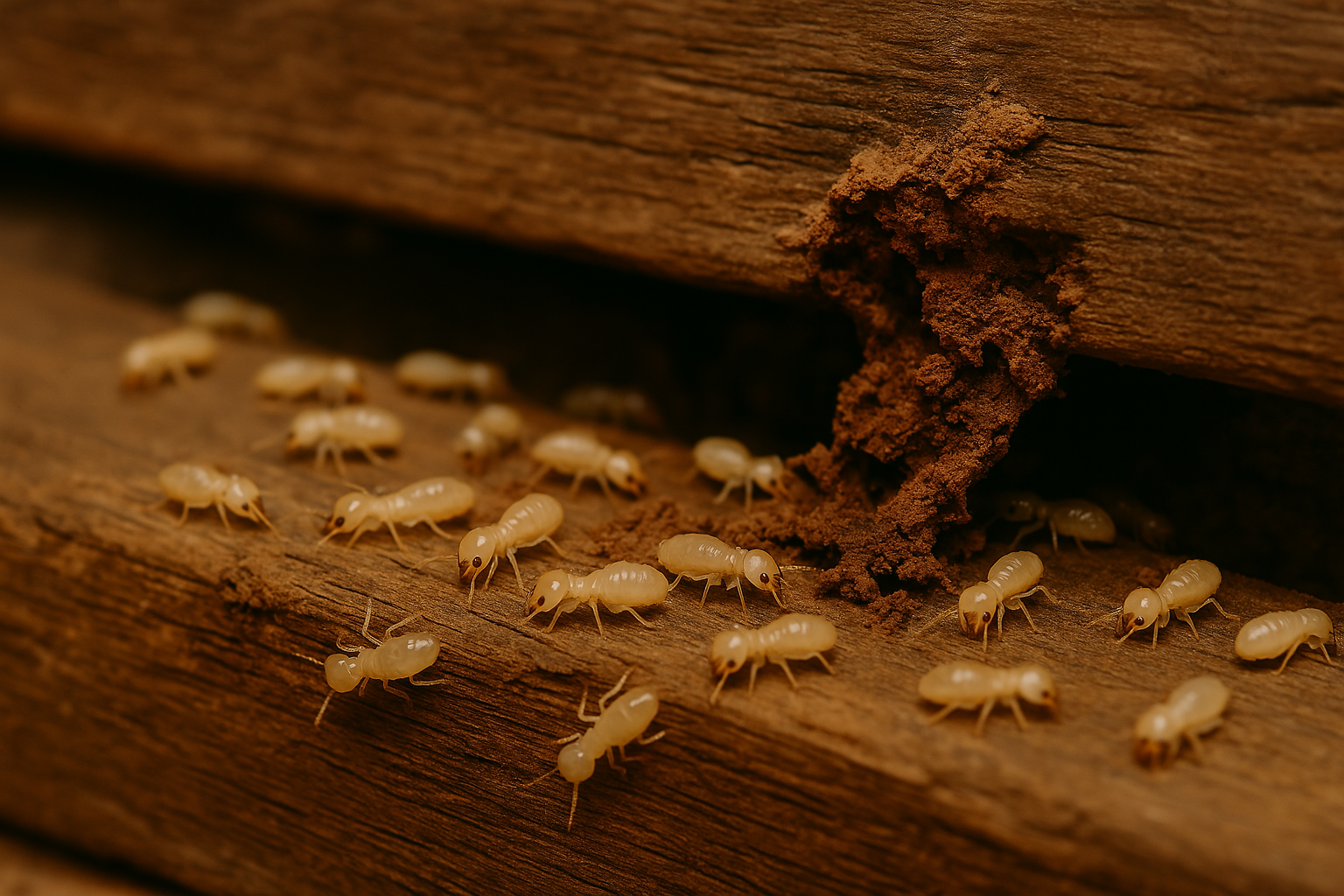 Termitas caminando sobre una viga de madera infestada