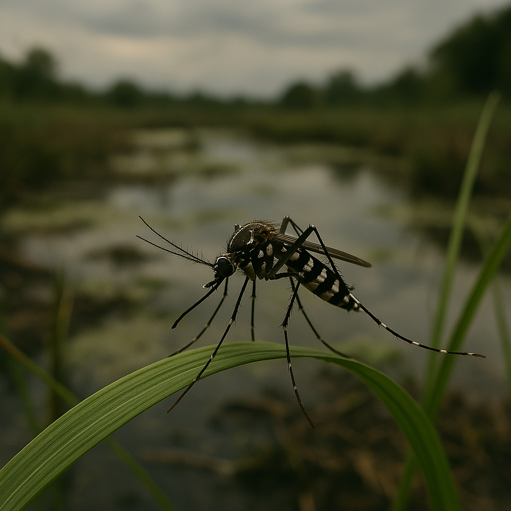 Mosquito tigre posado sobre una superficie con fondo pantanoso