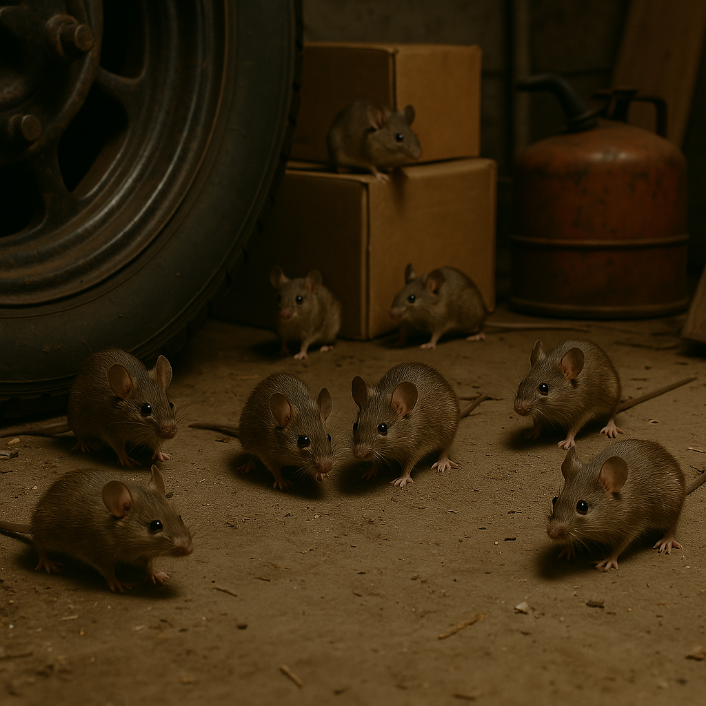 Ratones en un garaje con cajas y objetos almacenados