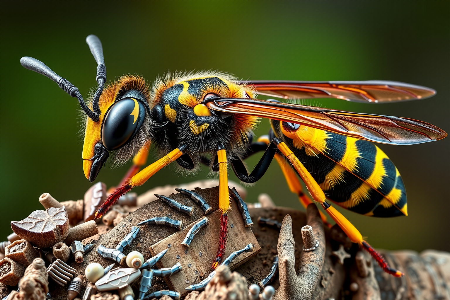 Primer plano de una avispa posada sobre una superficie natural, mostrando detalles de su cuerpo, alas y antenas.