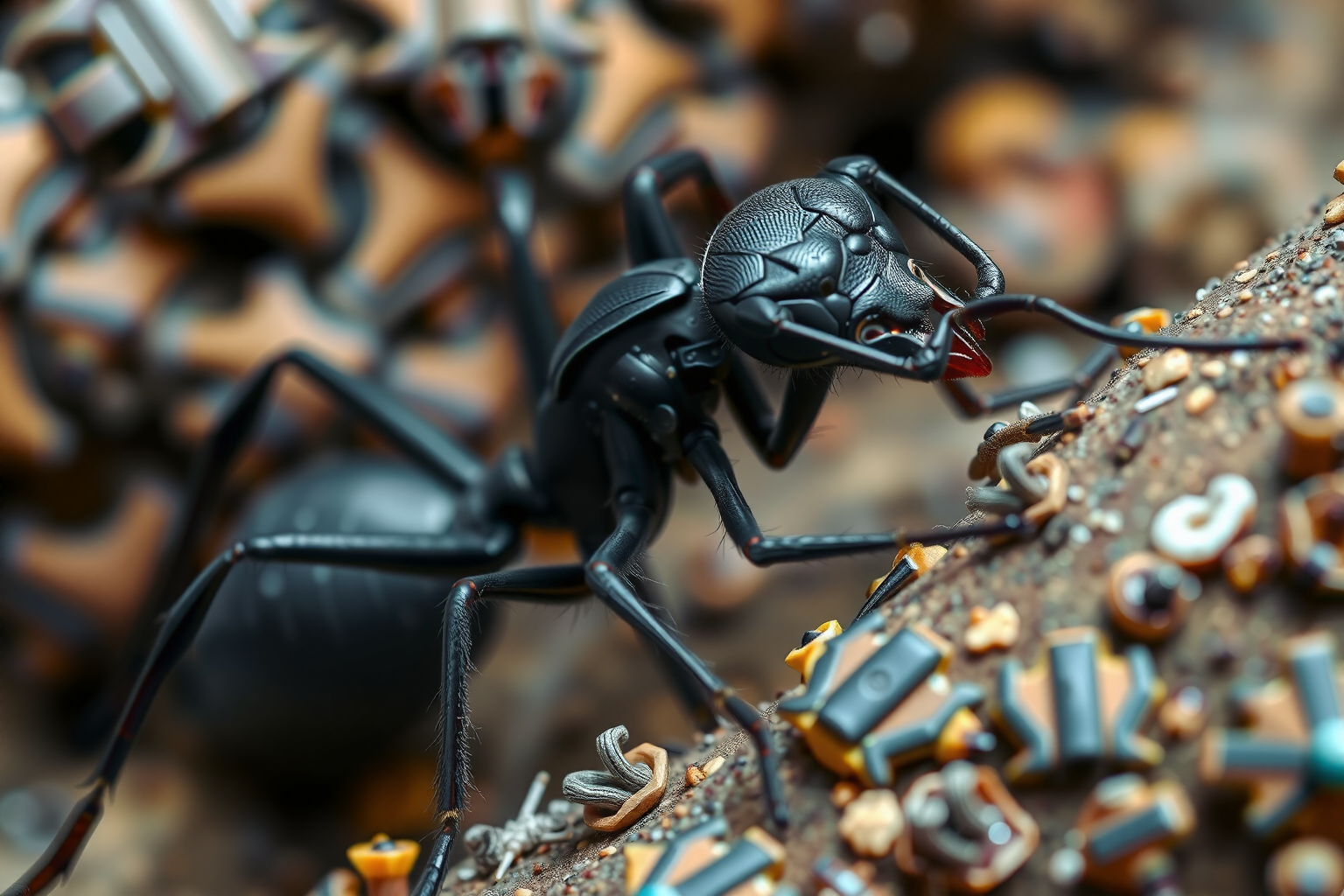 Hormiga negra en primer plano, mostrando su cuerpo segmentado y patas largas características de esta especie.
