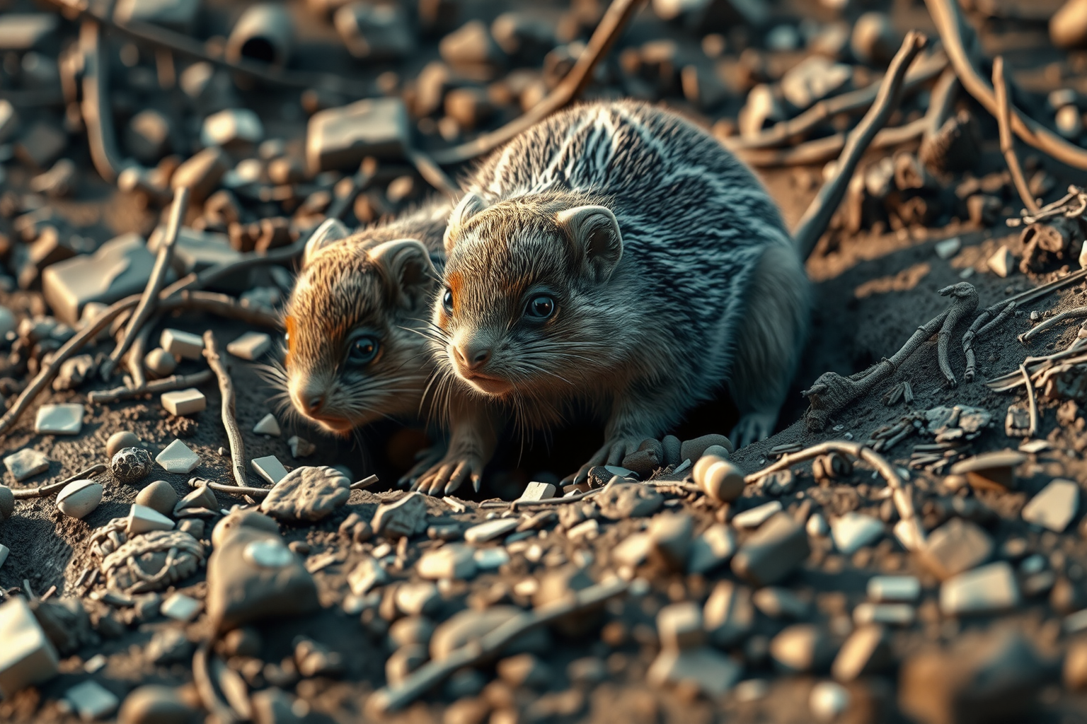 Dos topos de tierra emergiendo del suelo, mostrando su pelaje oscuro y patas adaptadas para excavar.