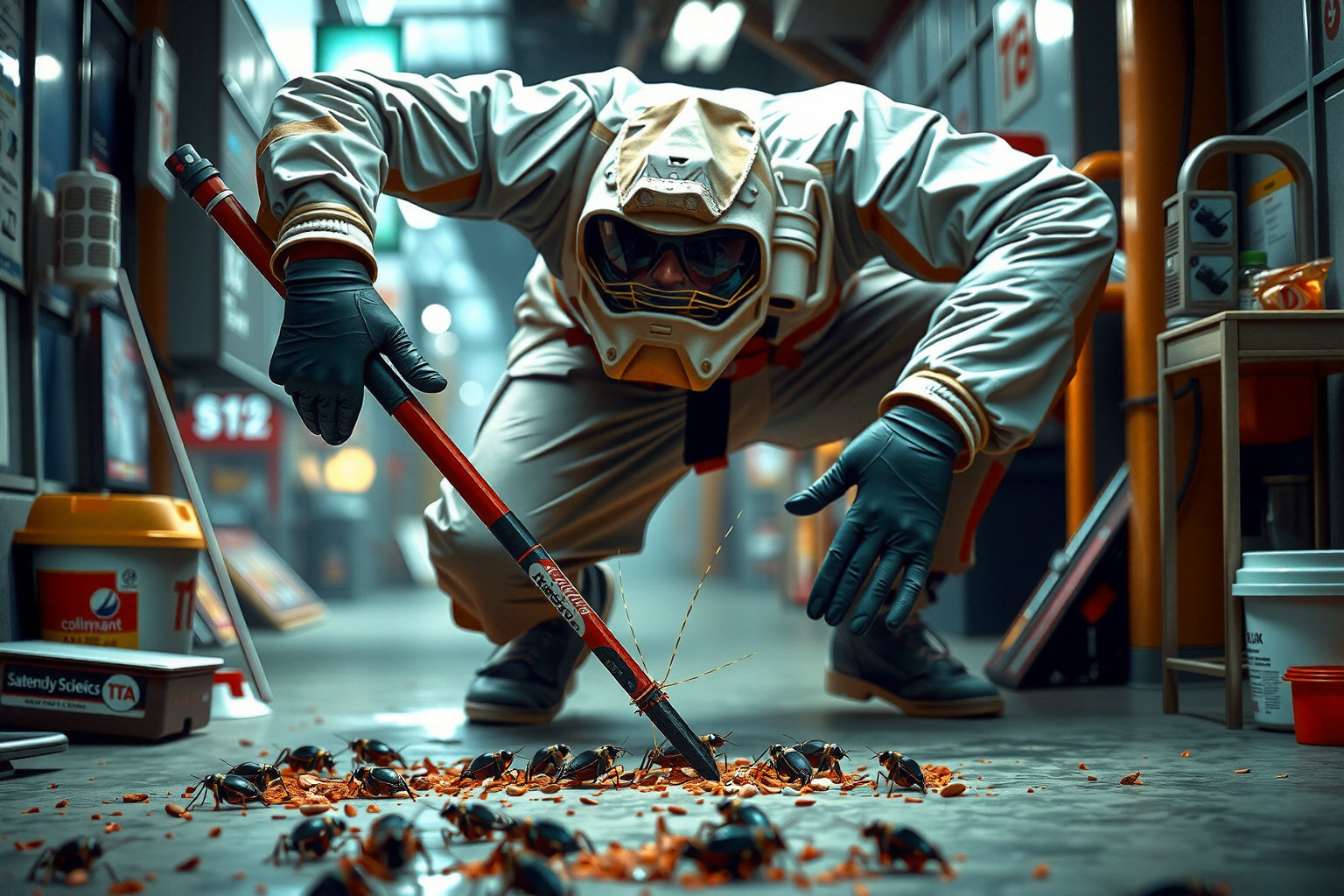 Exterminador aplicando spray para eliminar cucarachas en el hogar
