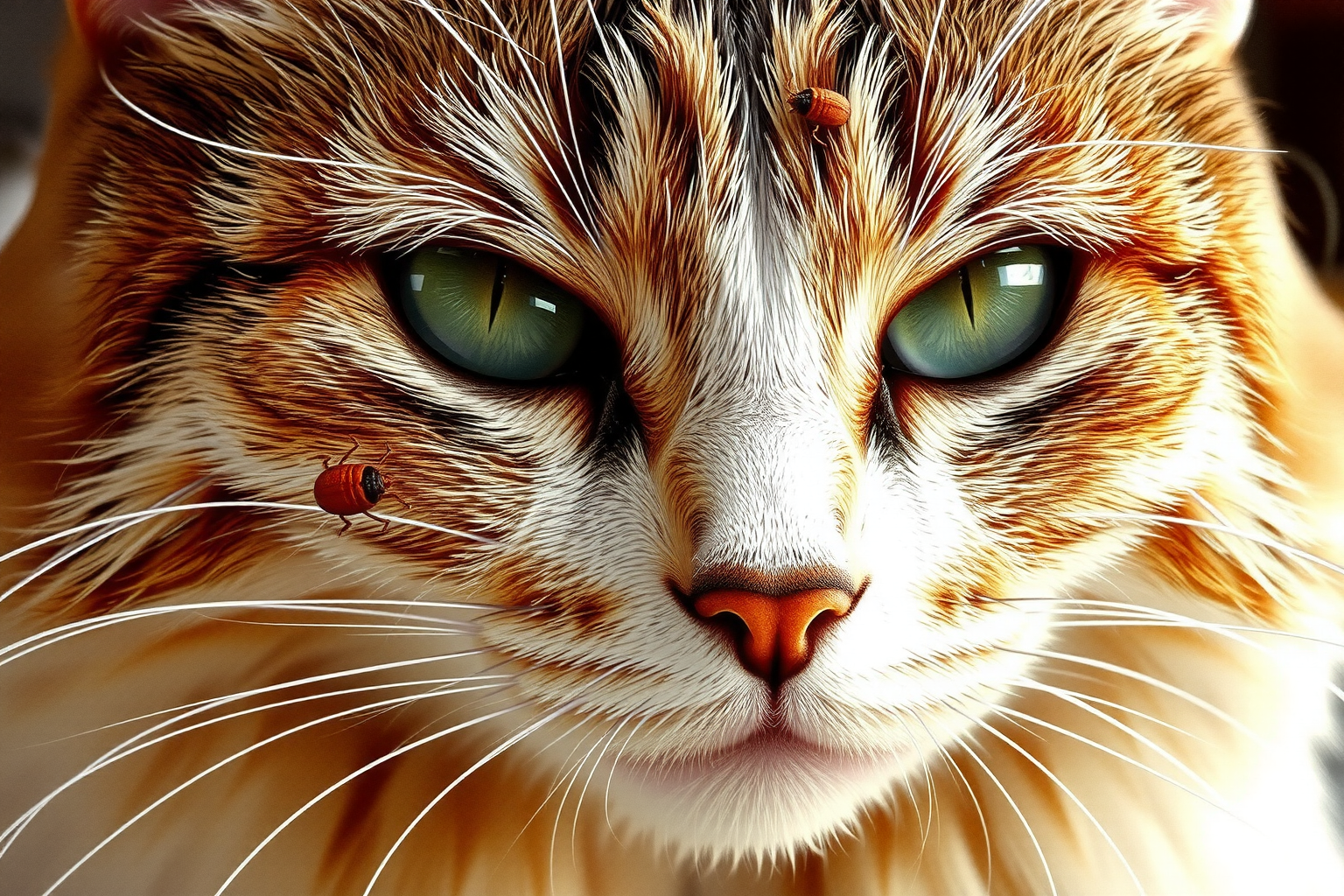 Gato con una garrapata adherida en la cara, mostrando una infestación común en mascotas.