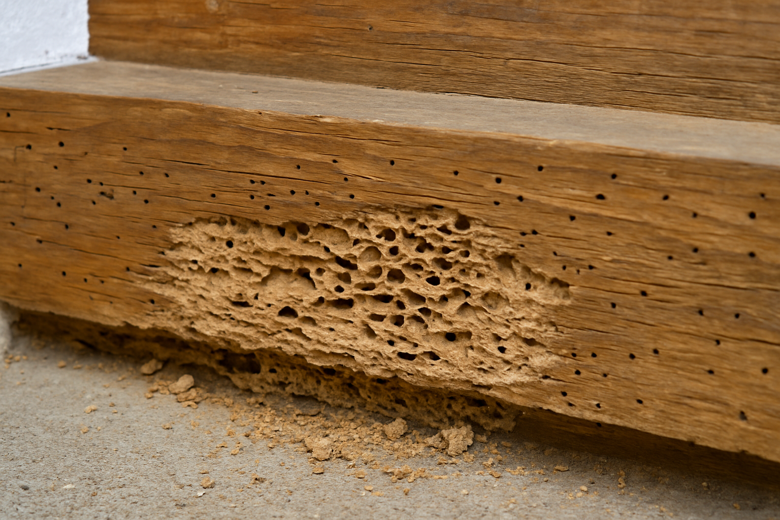 Agujeros de carcoma en madera vieja dañada