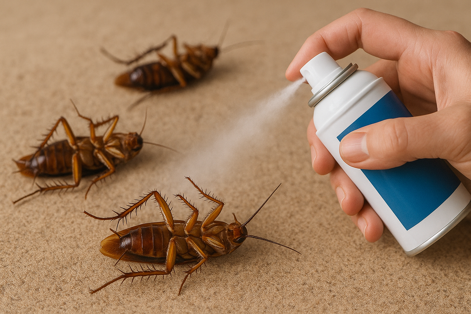 Spray insecticida aplicado sobre cucarachas pequeñas en la cocina, eliminándolas al contacto.