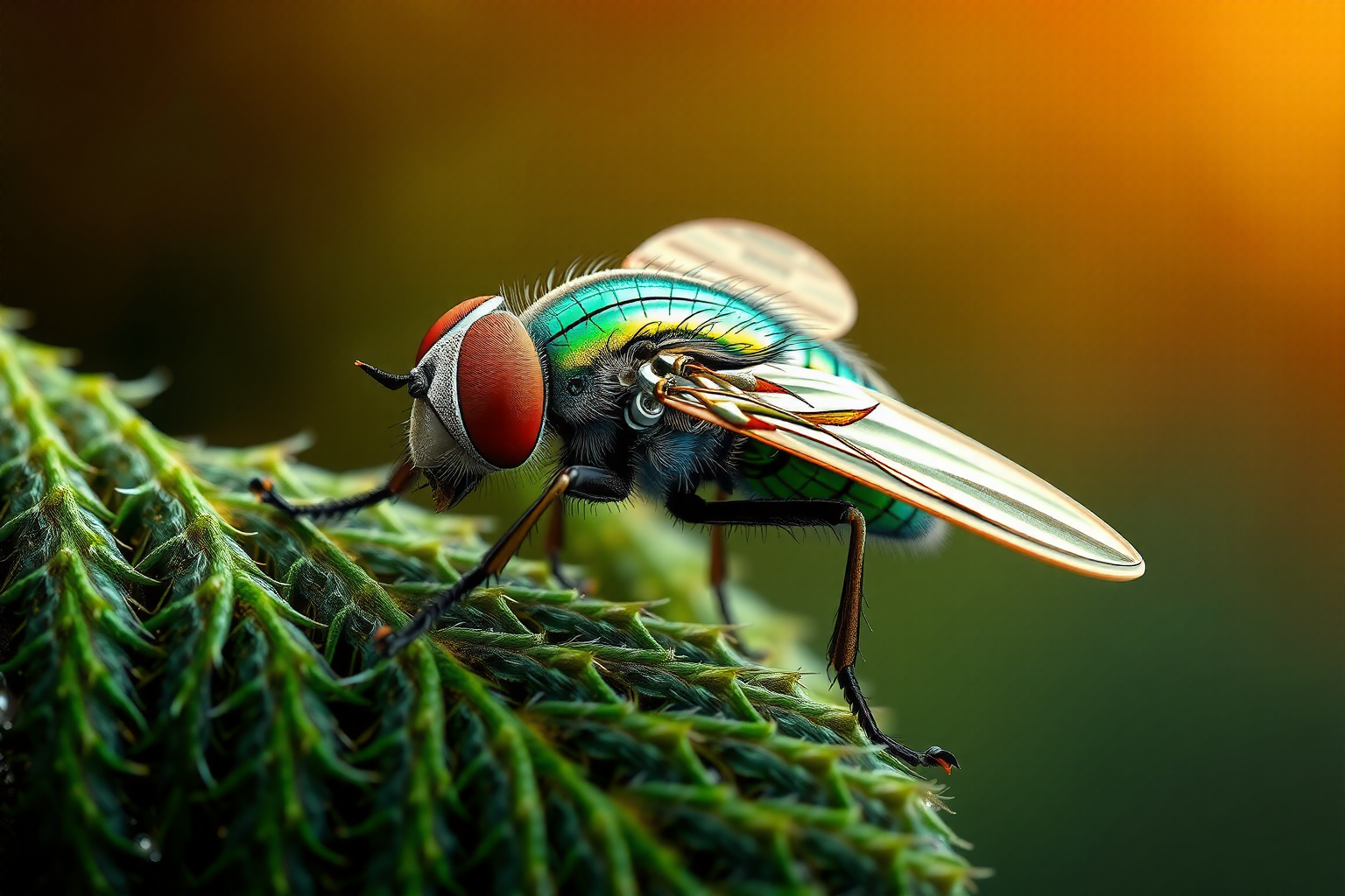 Mosca verde posada sobre una hoja, mostrando su color metálico brillante y detalles de sus alas.