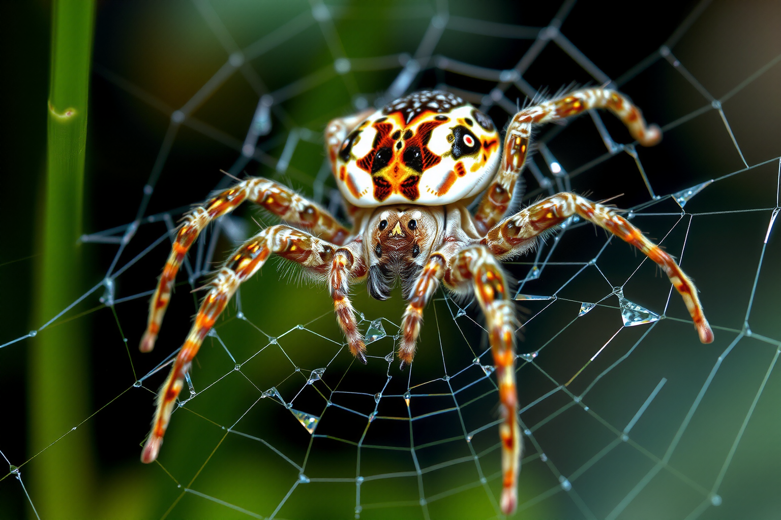 Araña doméstica sobre su telaraña, detallando su cuerpo segmentado y patas largas dentro del entorno del hogar.