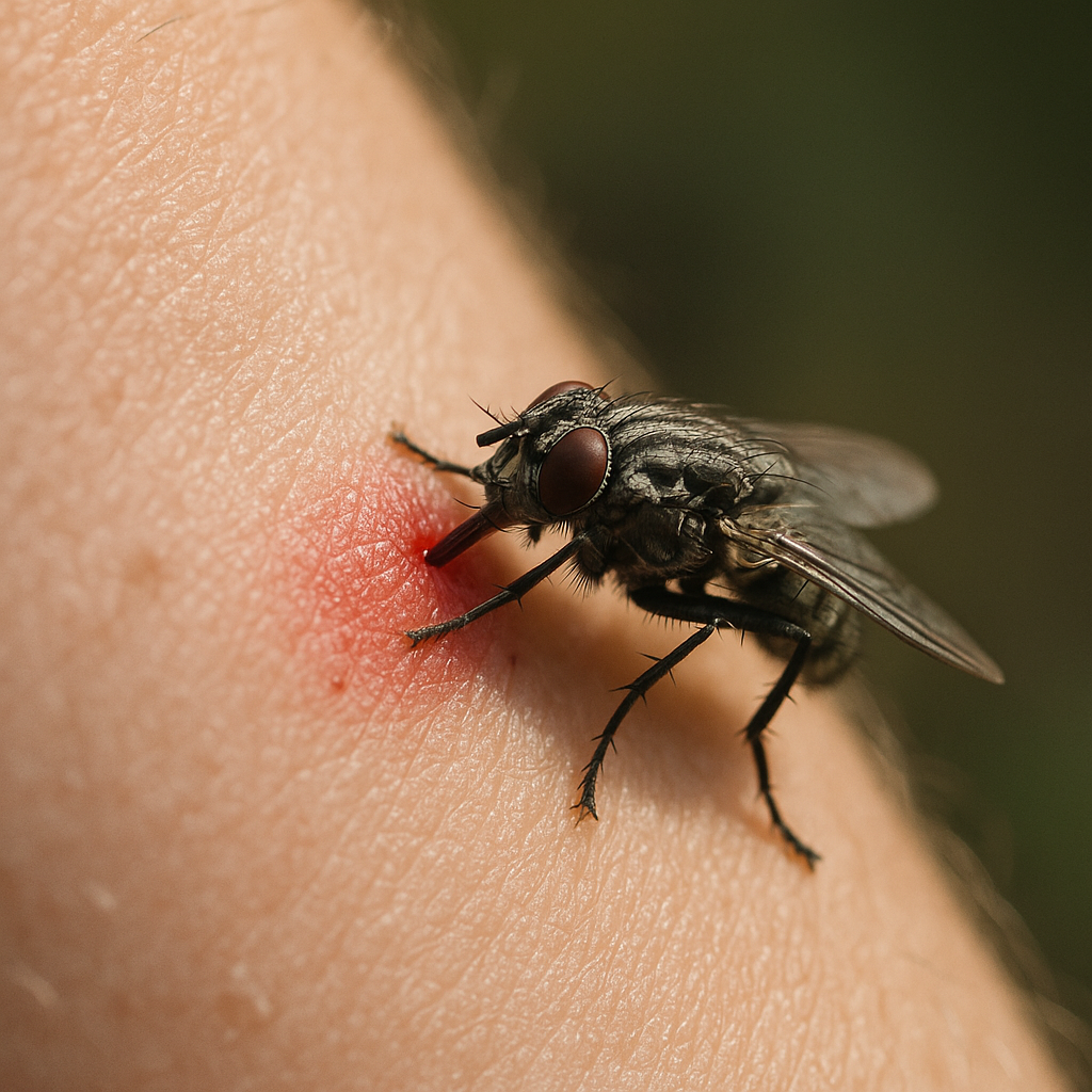 Mosca picando la piel de una persona, detalle del aparato bucal en acción.