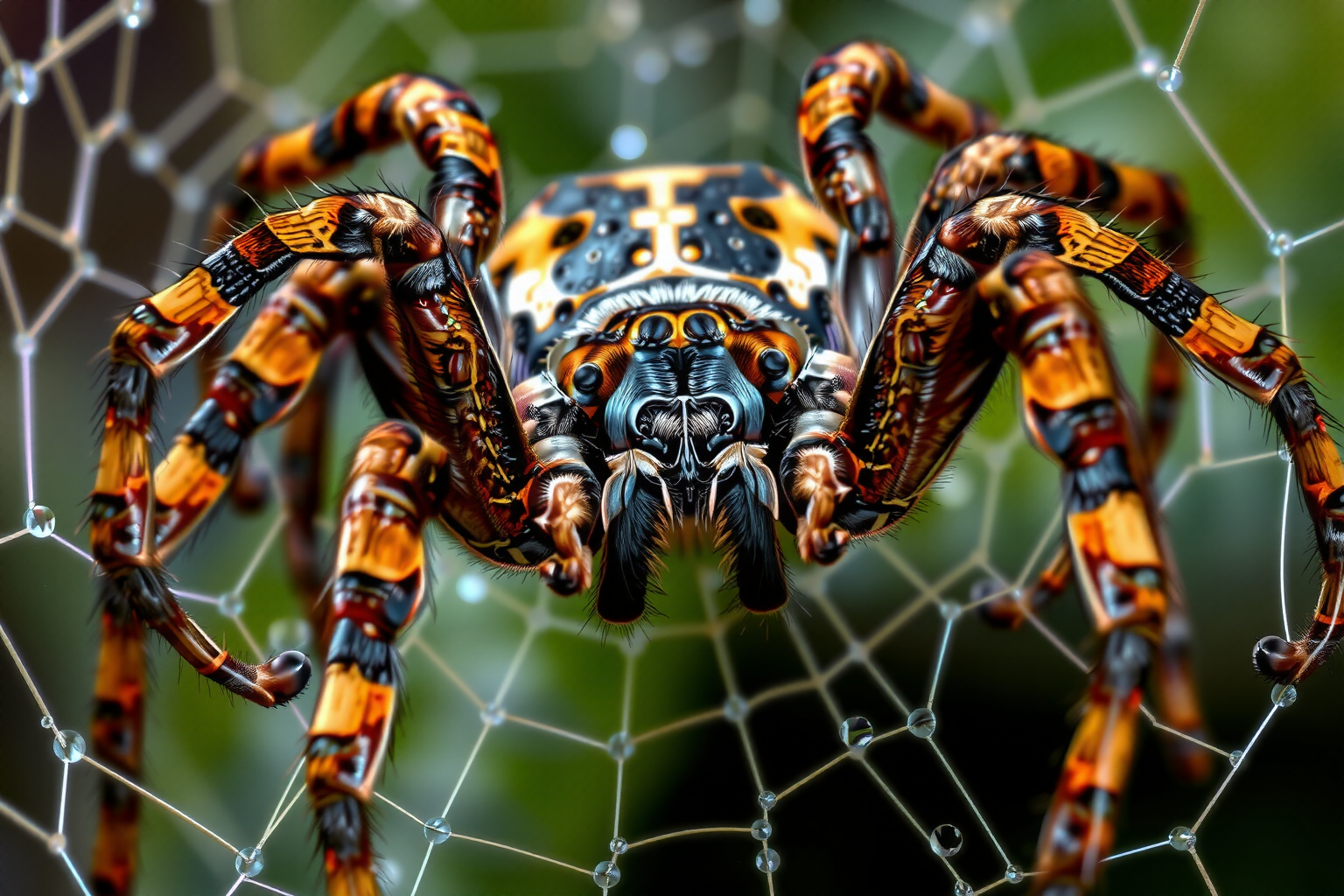 Araña venenosa en primer plano sobre una superficie interior, mostrando claramente sus patas y cuerpo segmentado.