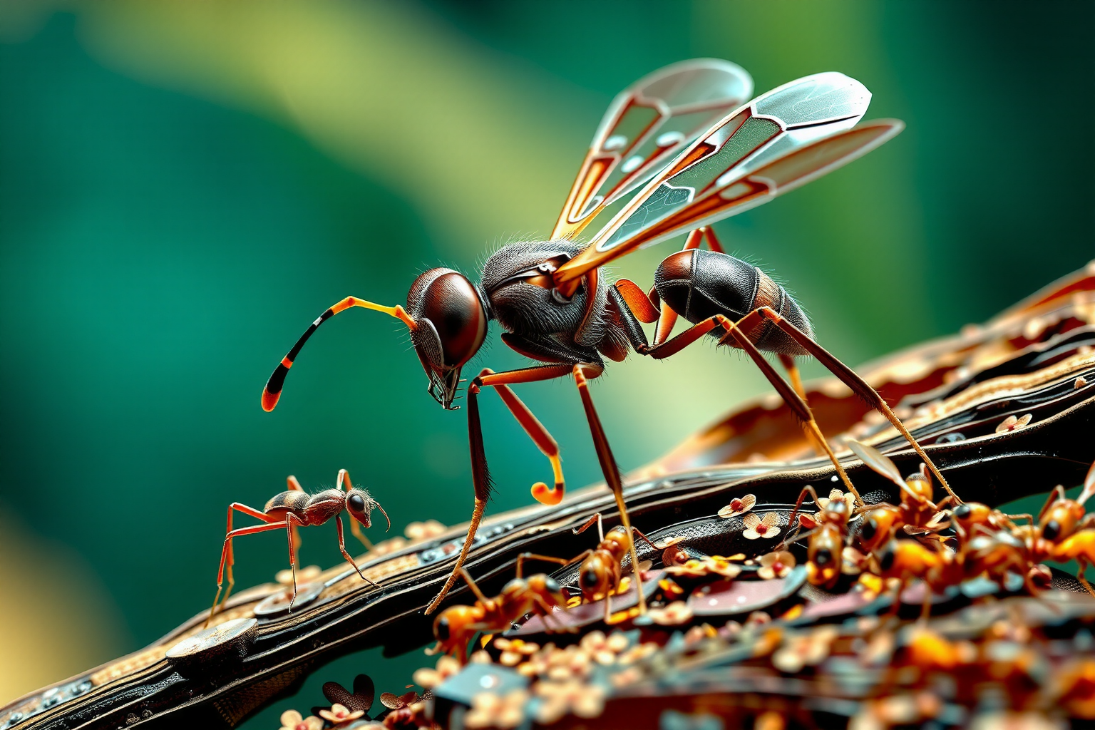 Hormiga voladora en primer plano, con alas visibles y cuerpo segmentado, posada sobre una superficie.