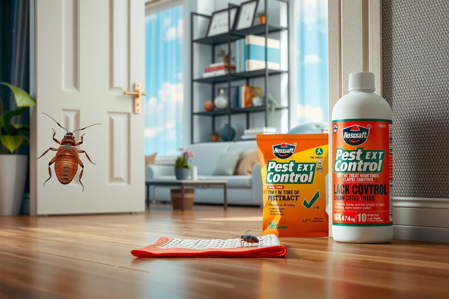 Productos anticucarachas efectivos junto a una cucaracha muerta sobre el suelo de una cocina.