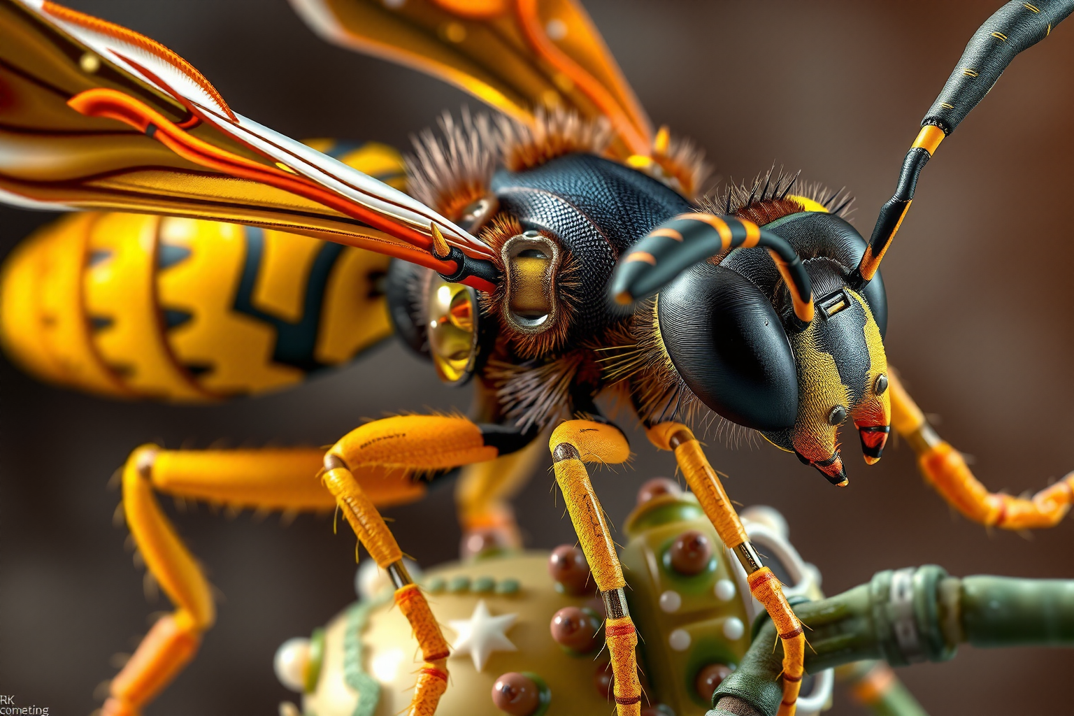 Avispa asiática en primer plano posada sobre una superficie natural, mostrando su cuerpo alargado, alas oscuras y colores característicos.