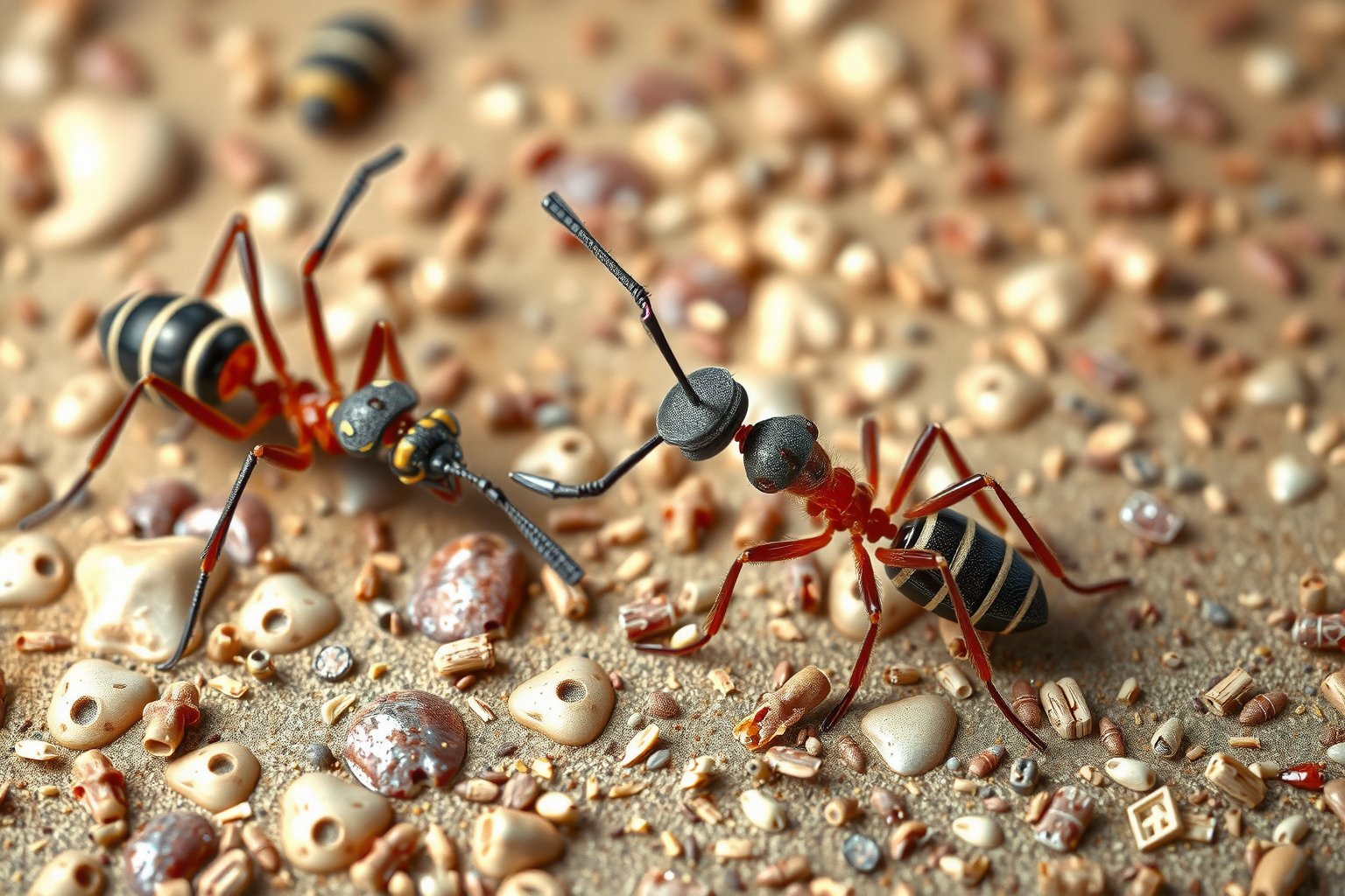 Dos hormigas caminando sobre tierra cerca de una casa